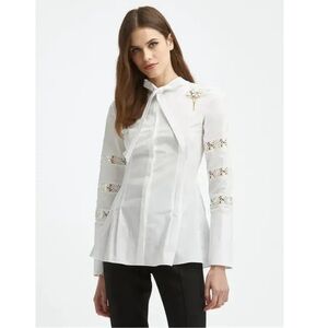 Oscar de la Renta White Poplin Blouse Daisy Lace Bow Top Sz 14 Fits M/L